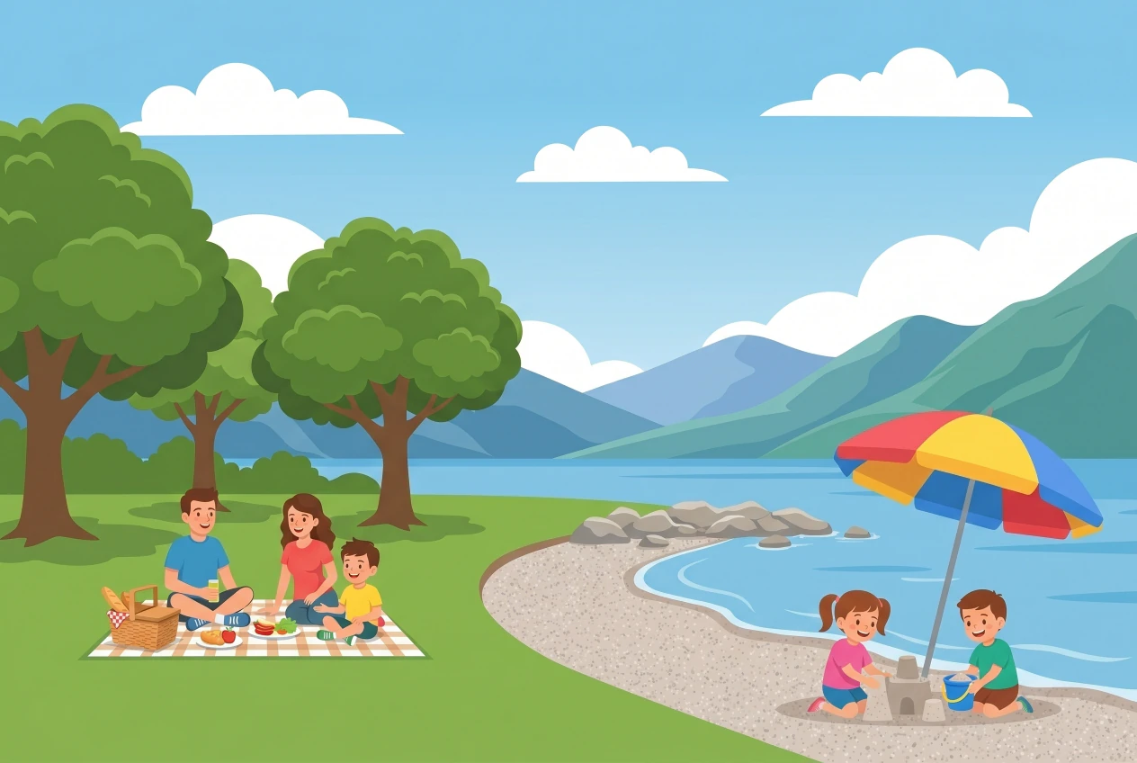 Illustration de la plage du Pélican à Saint-Sulpice au bord du Léman : plage de gravier, grande pelouse ombragée d'arbres, famille en pique-nique et enfants jouant au bord de l'eau avec les montagnes en fond