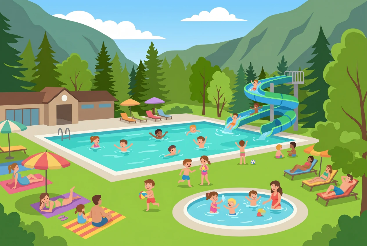 Illustration de la Piscine du Berceau à Château-d'Œx : grand bassin extérieur, toboggan à eau en spirale, pataugeoire et pelouses au pied des montagnes boisées du Pays-d'Enhaut
