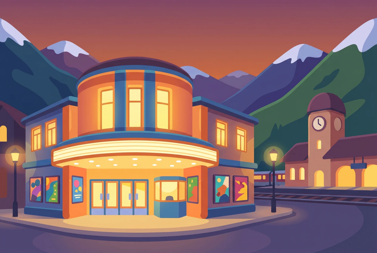 Illustration du cinema Casino a Martigny, facade eclairee et affiches, rue avec gare et montagnes au crepuscule