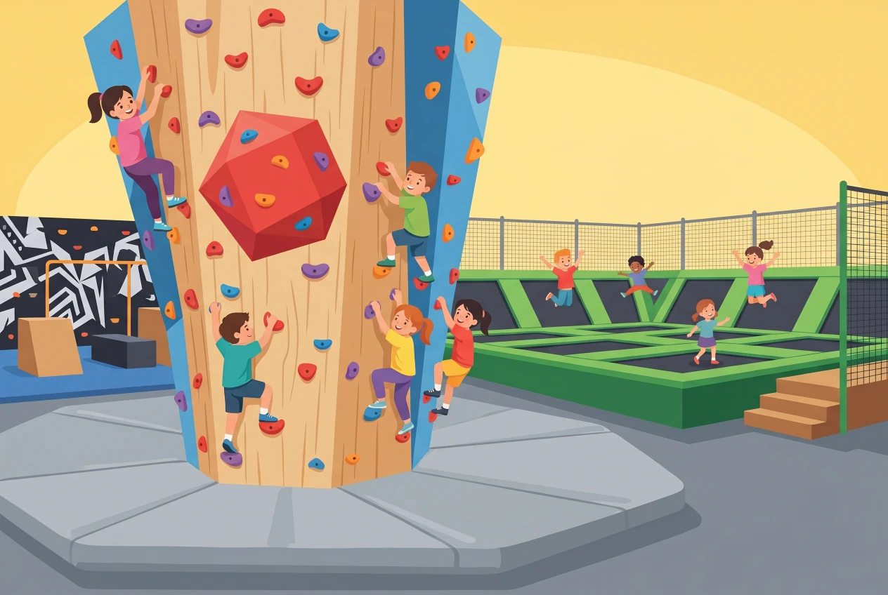 Illustration plate du Môll à Vernier: enfants grimpant sur un grand mur d'escalade de bloc aux prises colorées et sautant sur le parc de trampolines en arriere-plan