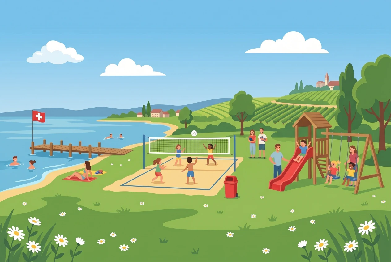 Illustration de la plage de Chez-le-Bart à La Grande Béroche : pelouse au bord du lac de Neuchâtel, débarcadère, terrain de beach-volley, aire de jeux avec toboggan et balançoires, et collines du vignoble en arrière-plan.