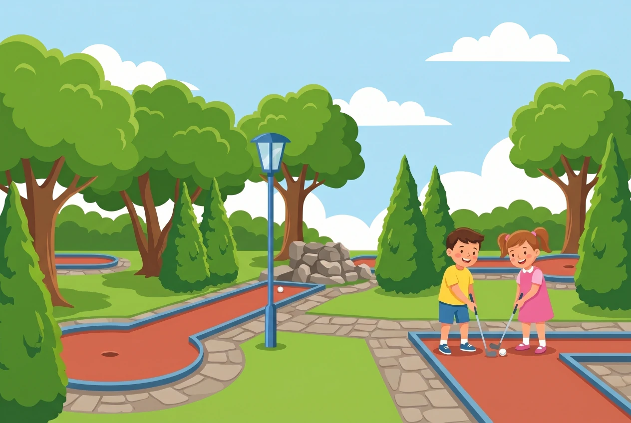 Illustration du Minigolf du Jura à Fribourg : parcours de minigolf en plein air aux pistes rouges dans un parc arboré, avec lampadaires et un obstacle rocheux, deux enfants jouant au minigolf.