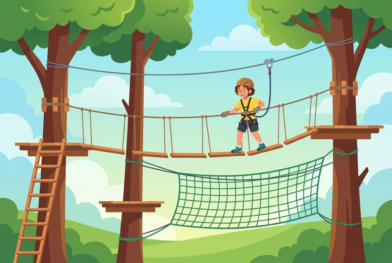 Illustration plate of the Parc Aventure Chaumont: a child with a helmet and harness crosses a monkey bridge made of wooden planks on a high ropes course, with a safety net, ladder, and ropes between tall trees, under a blue sky.