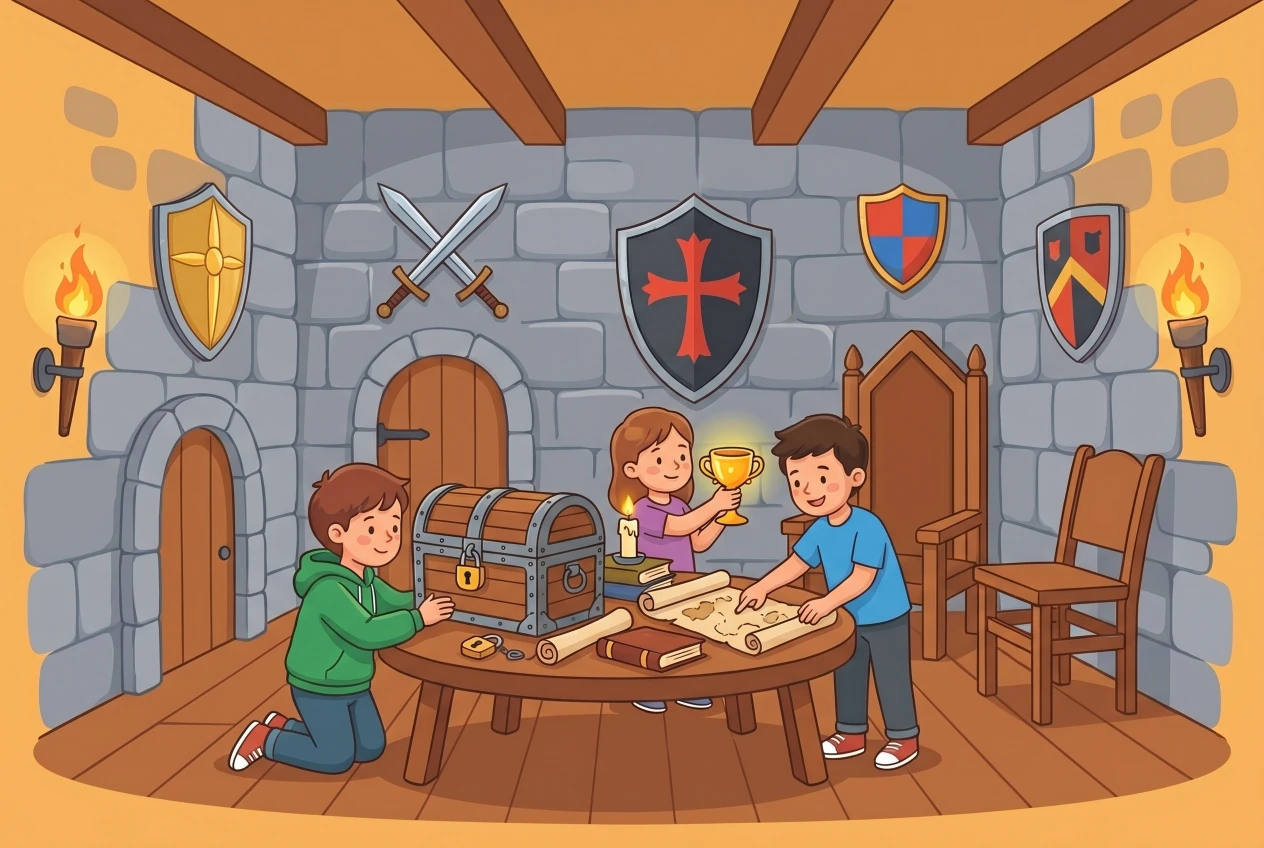 Illustration de l'escape game médiéval Epic Quest à Bex : salle La Quête du Graal aux murs de pierre, boucliers et épées, coffre cadenassé, calice doré et parchemins, enfants résolvant les énigmes