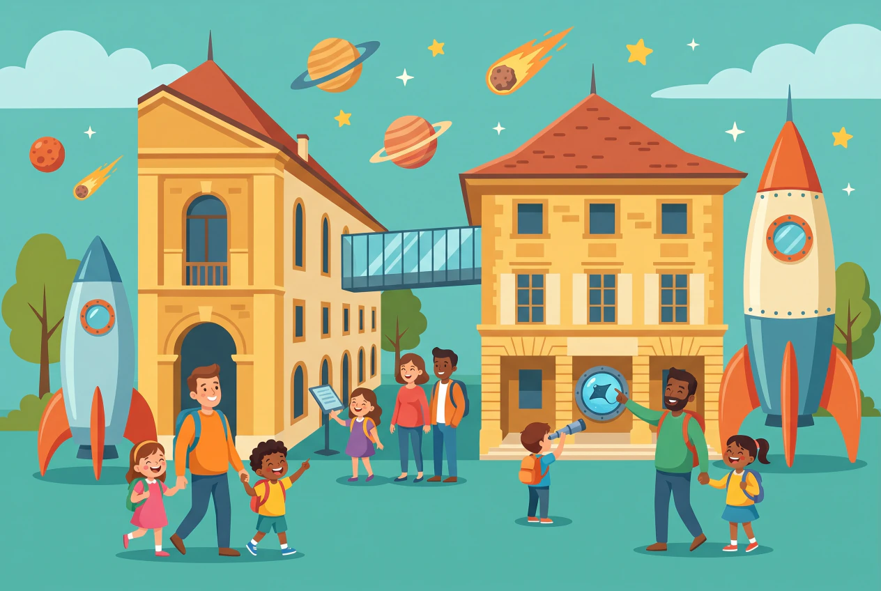 Illustration de la Maison d'Ailleurs à Yverdon-les-Bains, le musée de la science-fiction, avec son bâtiment en pierre, des fusées, des planètes et des familles qui explorent