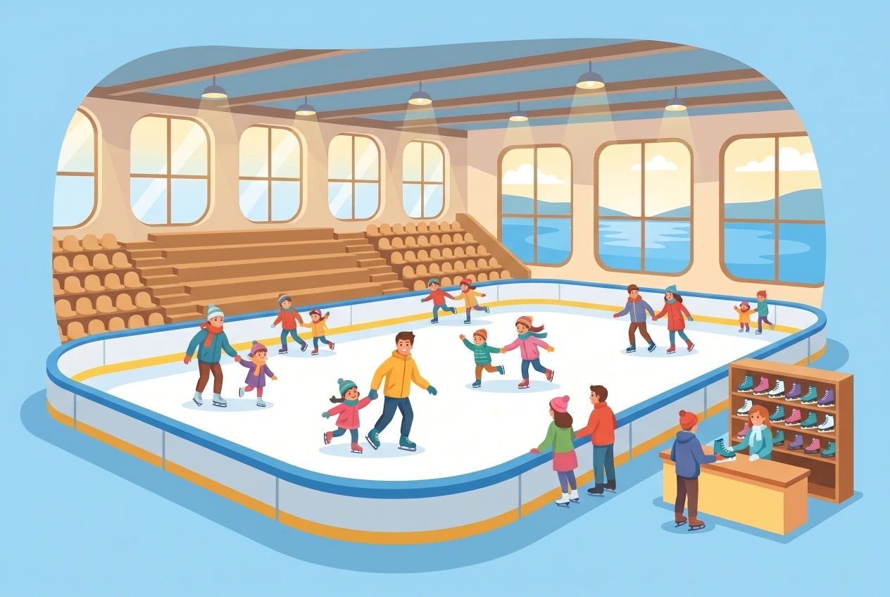 Illustration of the Coastal Rinks in Neuchâtel: an indoor rink with large windows overlooking the lake, families and children skating joyfully, and a skate rental counter.