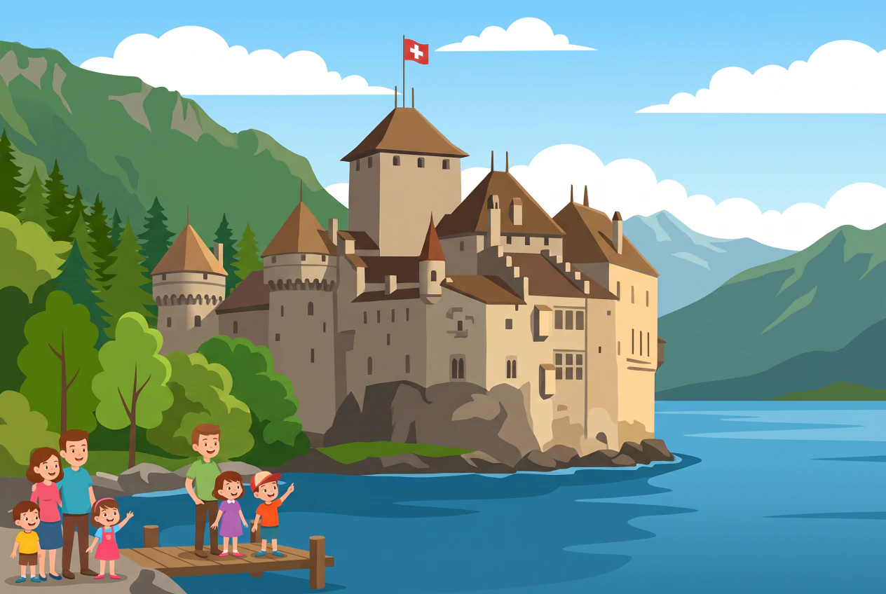Illustration plate du Château de Chillon, forteresse médiévale sur son îlot rocheux au bord du lac Léman, avec ses tours et son drapeau suisse, et une famille sur un ponton