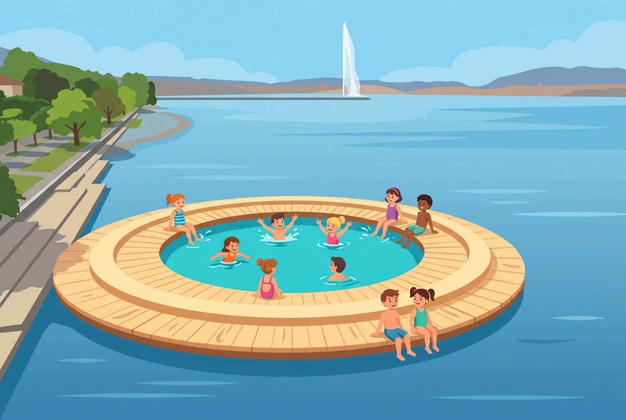 Illustration plate du ponton circulaire en bois de l'espace de baignade du quai de Cologny sur le lac Léman, avec son bassin central turquoise, des enfants qui se baignent, le quai arboré, les collines et le jet d'eau de Genève au loin