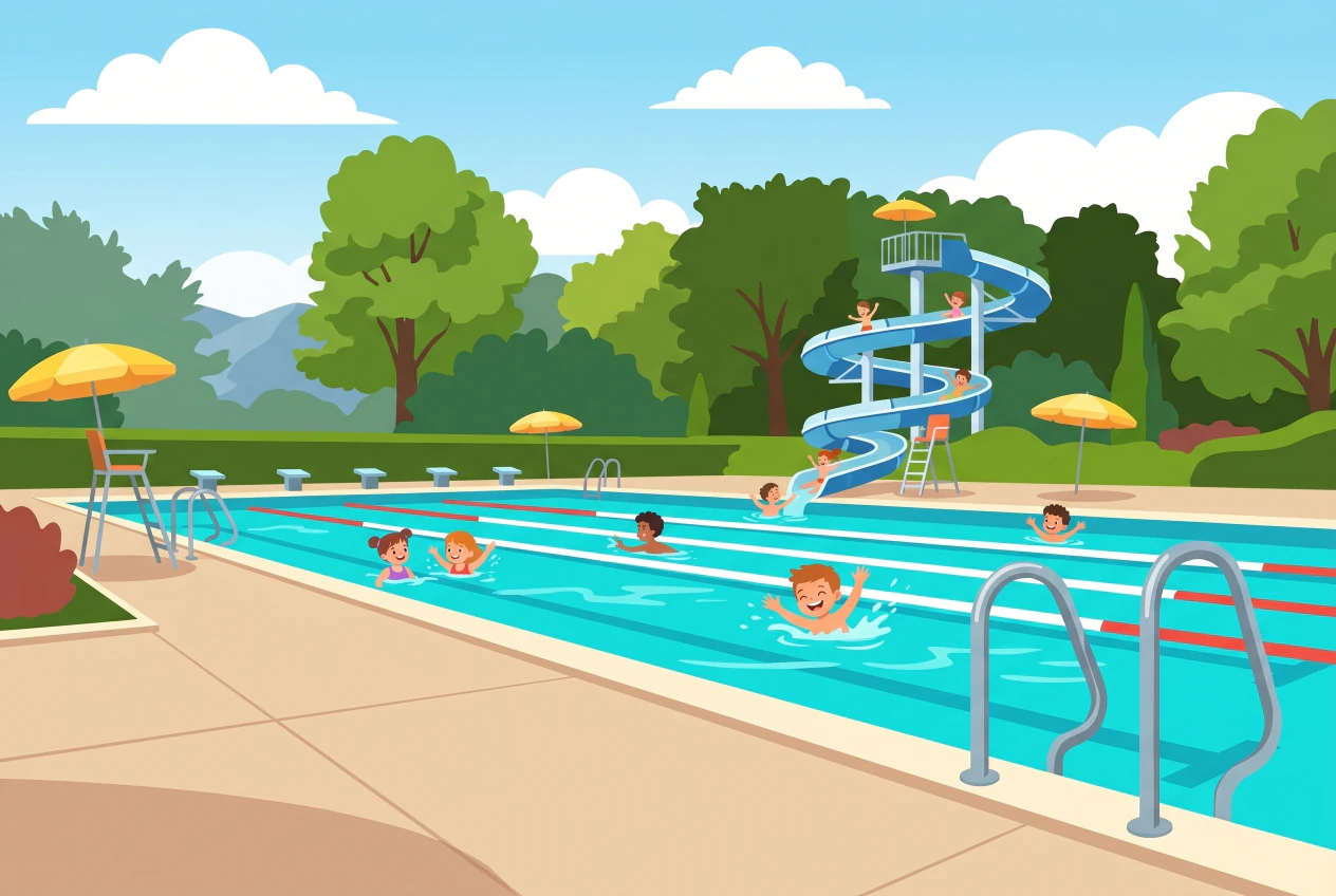 Illustration de la piscine extérieure des Vergers à Meyrin: grand bassin olympique avec lignes d'eau, toboggan géant bleu et blanc en spirale, parasols jaunes et enfants qui nagent au soleil.