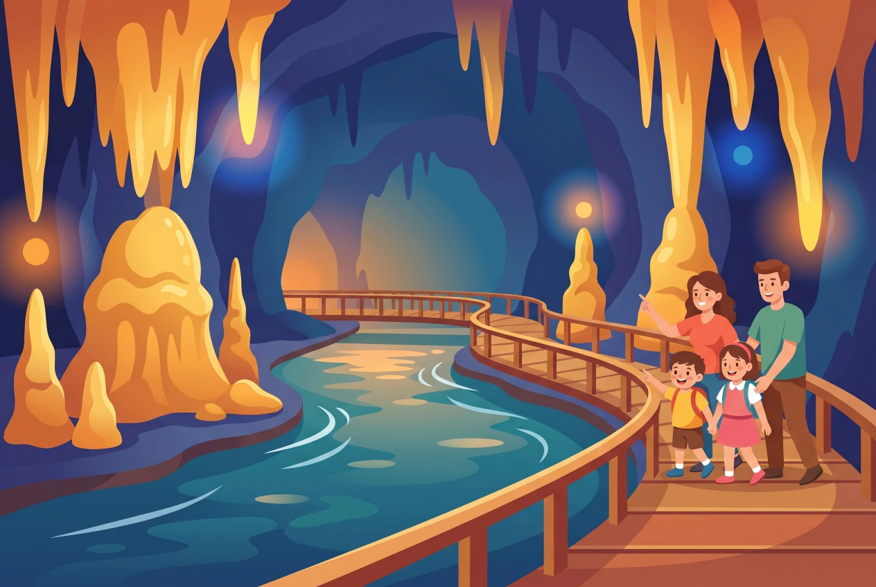 Illustration des Grottes de Vallorbe : galerie souterraine aux stalactites et stalagmites illuminées, rivière de l'Orbe et passerelle en bois où une famille découvre la grotte