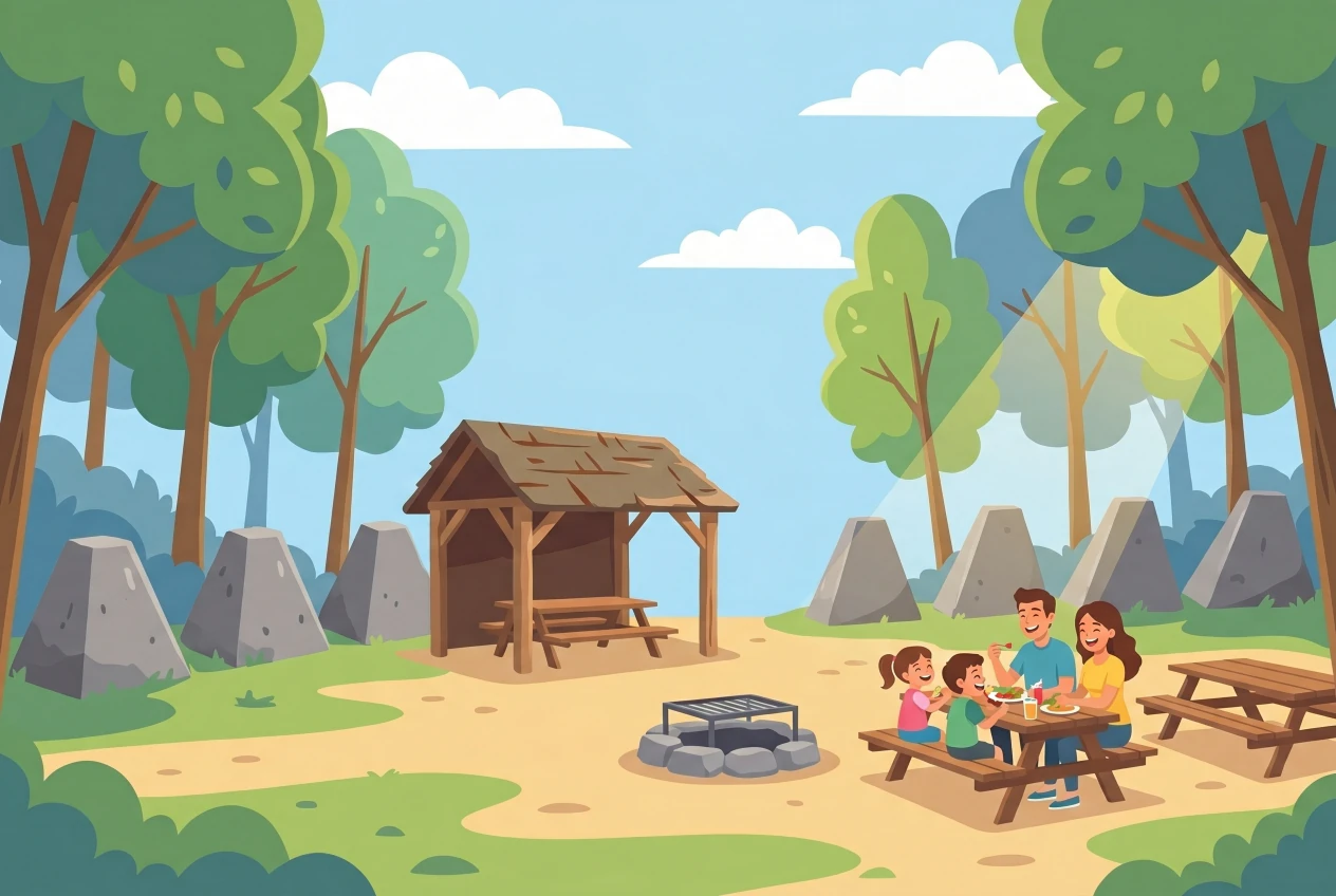 Illustration de la place de pique-nique de la Crosette à Begnins : abri en bois, tables, foyer et blocs Toblerones en forêt, avec une famille qui pique-nique