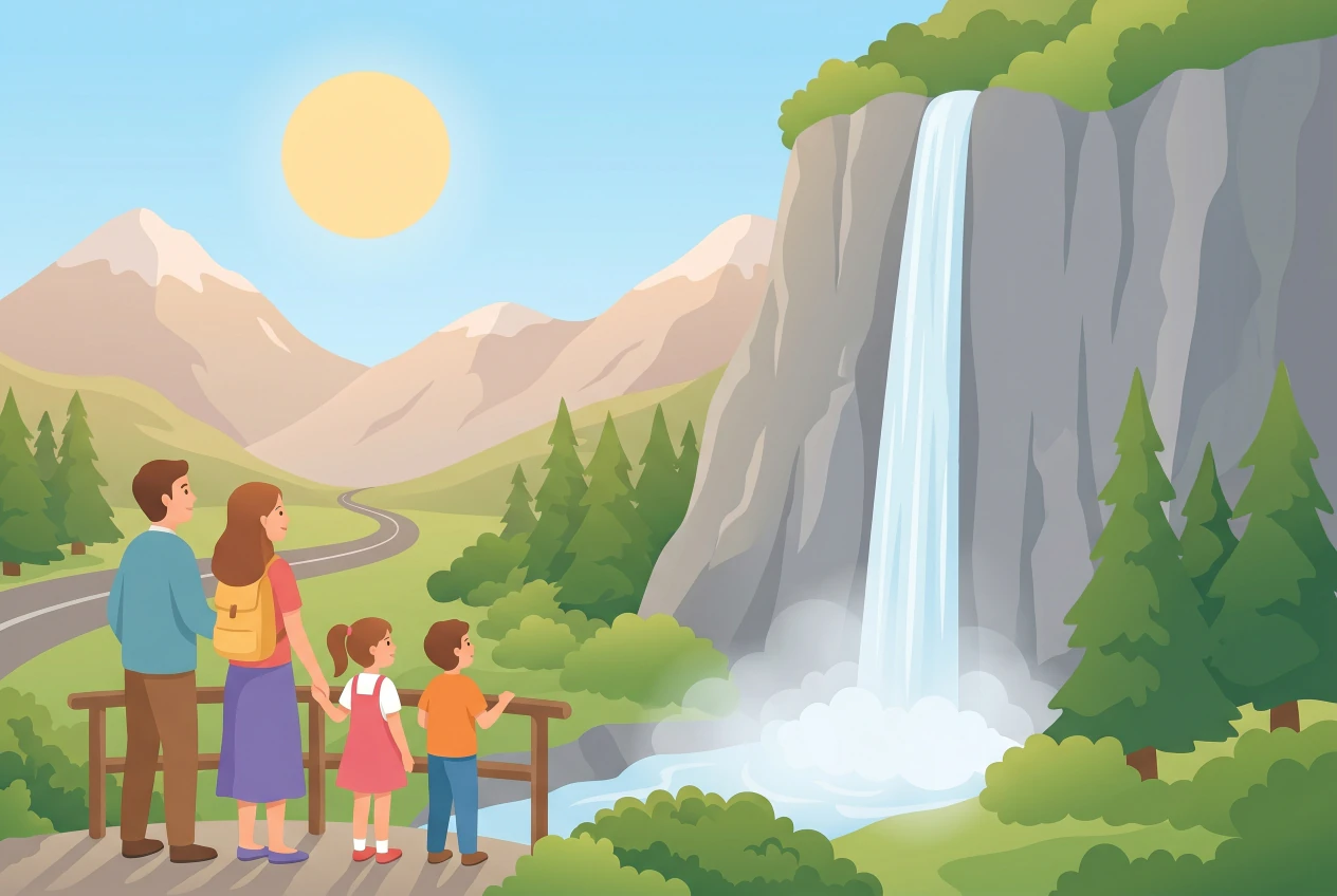 Illustration de la cascade de la Pissevache à Vernayaz : haute chute d'eau au bord de la route, famille observant depuis un point de vue, montagnes du Valais