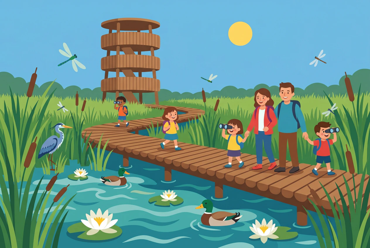 Illustration du Centre Pro Natura de Champ-Pittet et de la Grande Cariçaie : passerelle en bois serpentant dans les roseaux du marais, tour d'observation, oiseaux d'eau et famille observant la nature aux jumelles