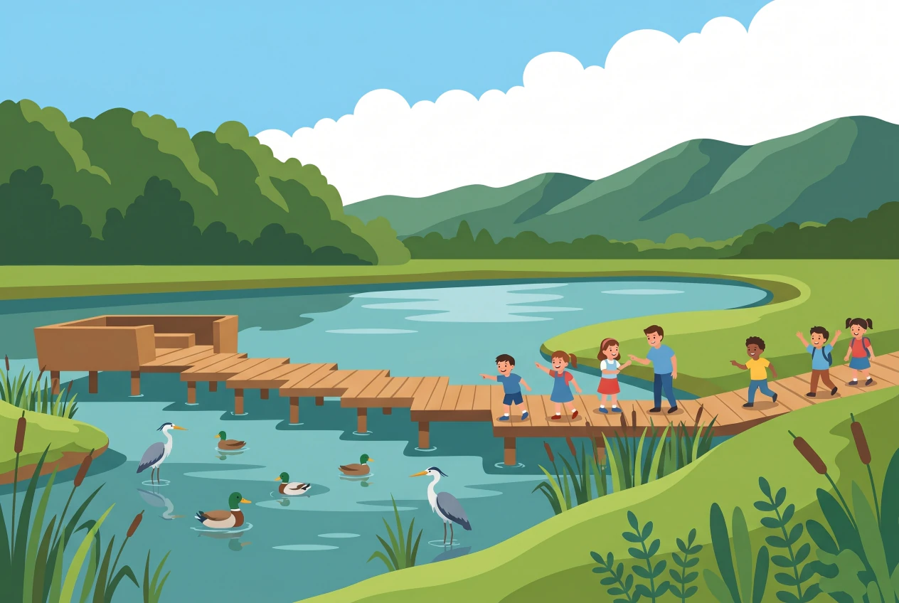 Illustration du Lac des Vernes à Meyrin: ponton et passerelle en bois au-dessus du lac bordé de roseaux, enfants observant hérons et canards, collines du Jura en arrière-plan