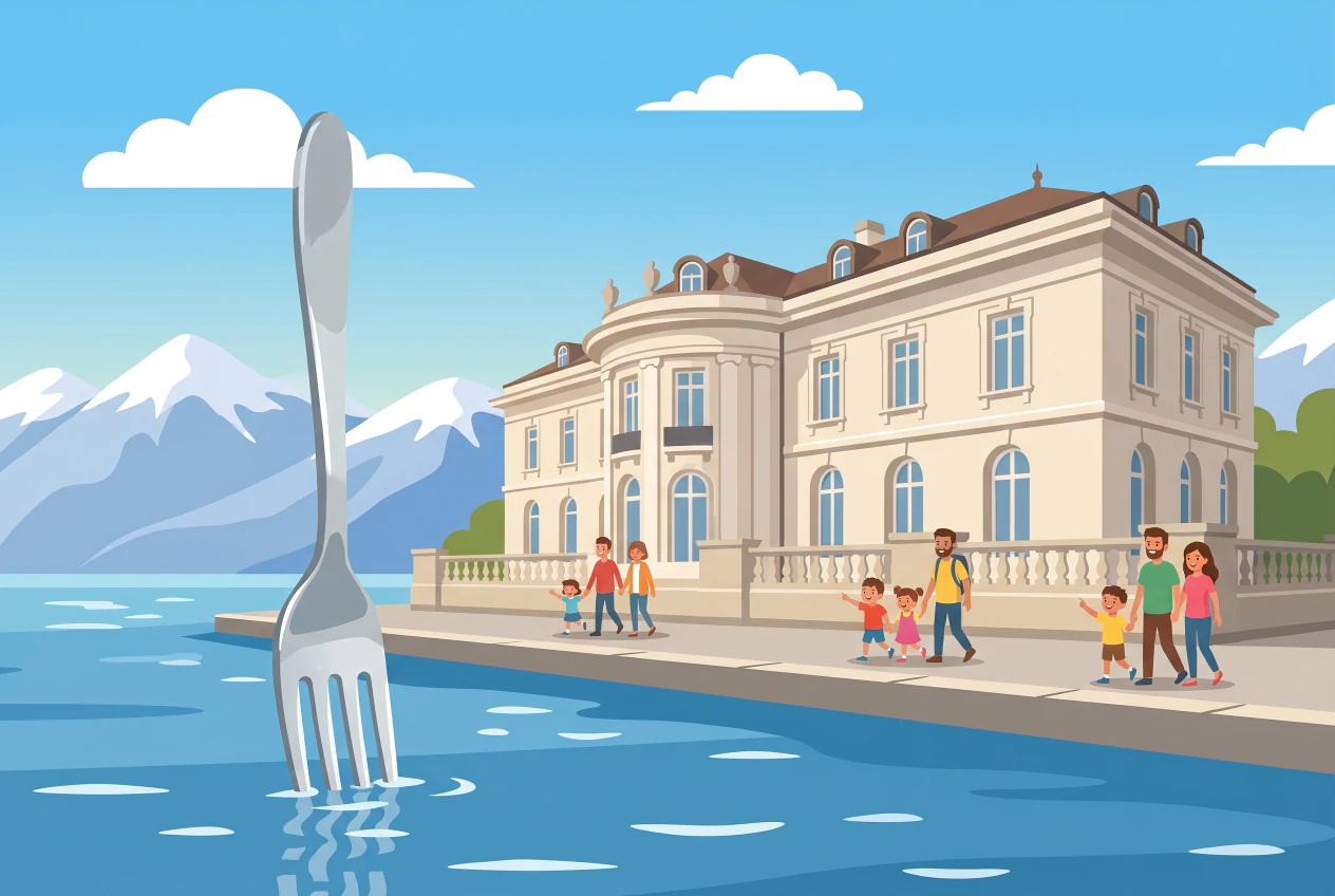 Illustration plate de l'Alimentarium de Vevey, bâtiment Belle Époque clair sur le quai du lac Léman face à la fourchette géante plantée dans l'eau, avec des familles se promenant