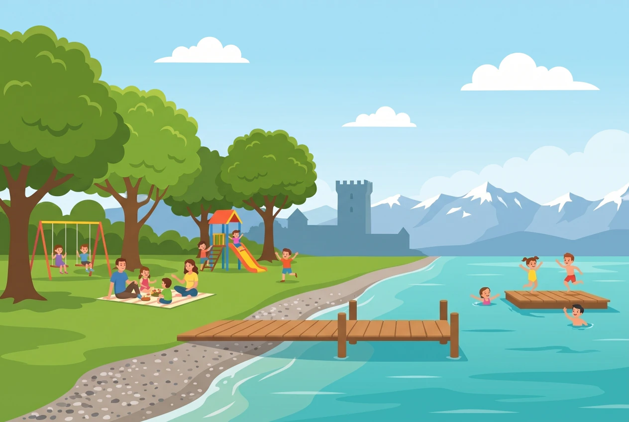 Illustration de la plage de la Place d'Armes à Saint-Prex : pelouse ombragée, place de jeux, ponton de baignade et plateforme flottante sur le lac Léman, avec la tour médiévale du bourg et les Alpes en arrière-plan.