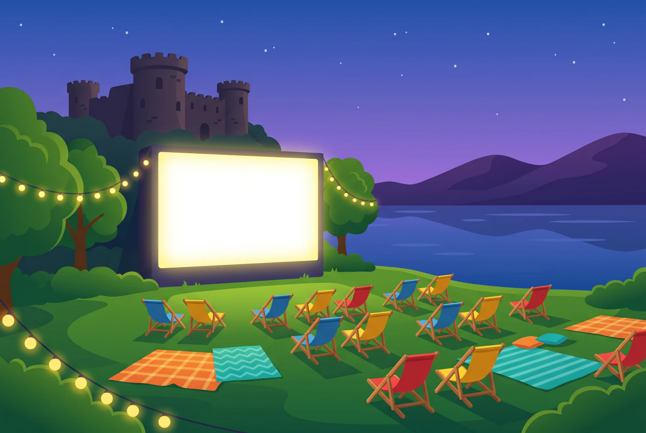 Illustration du cinéma open air de Rolle : grand écran lumineux sur la pelouse du château au bord du lac, transats et guirlandes à la tombée de la nuit