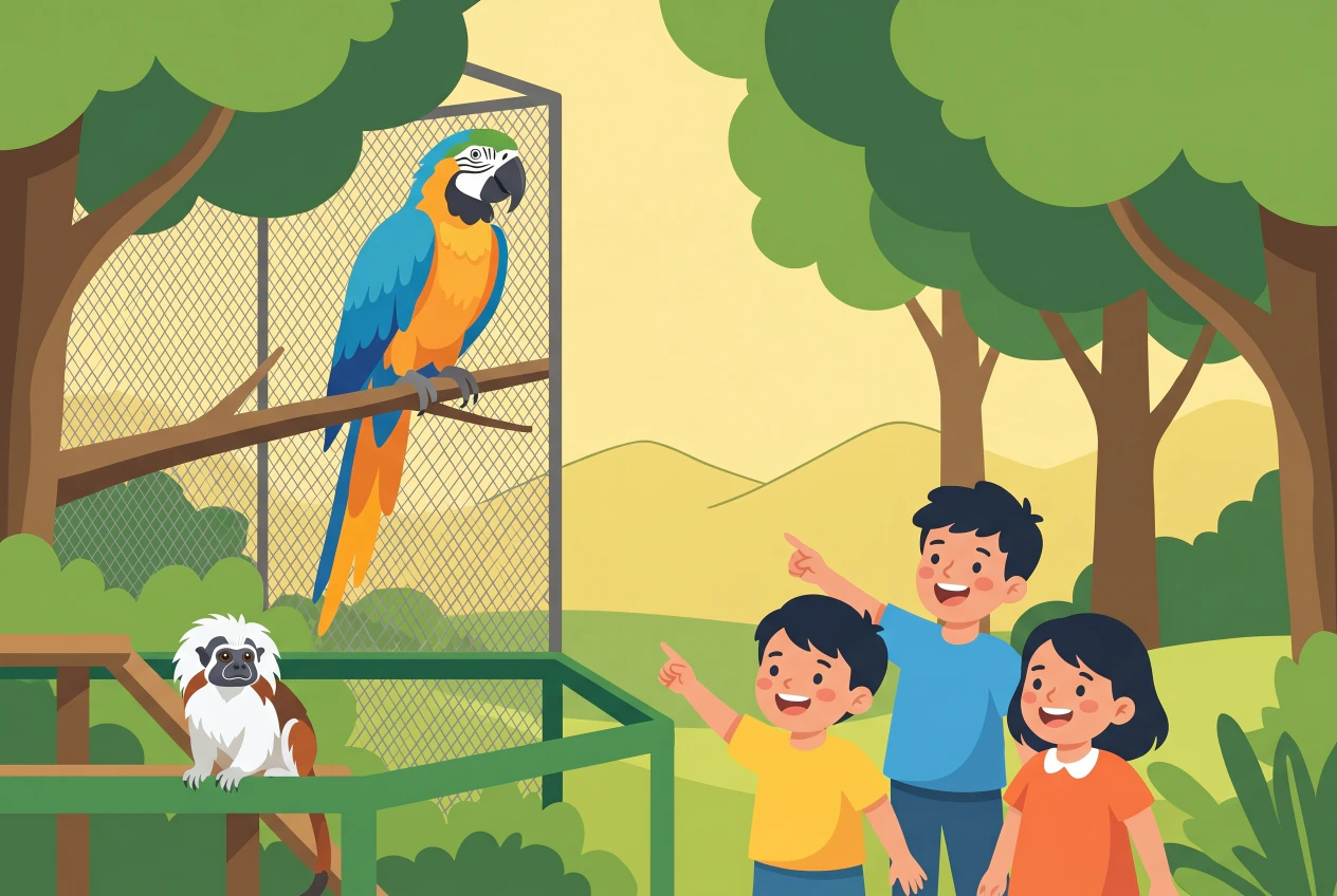 Illustration plate du Bioparc Genève à Bellevue: un ara bleu et jaune perché dans une volière et un petit singe tamarin, observés par des enfants ravis dans un parc animalier verdoyant