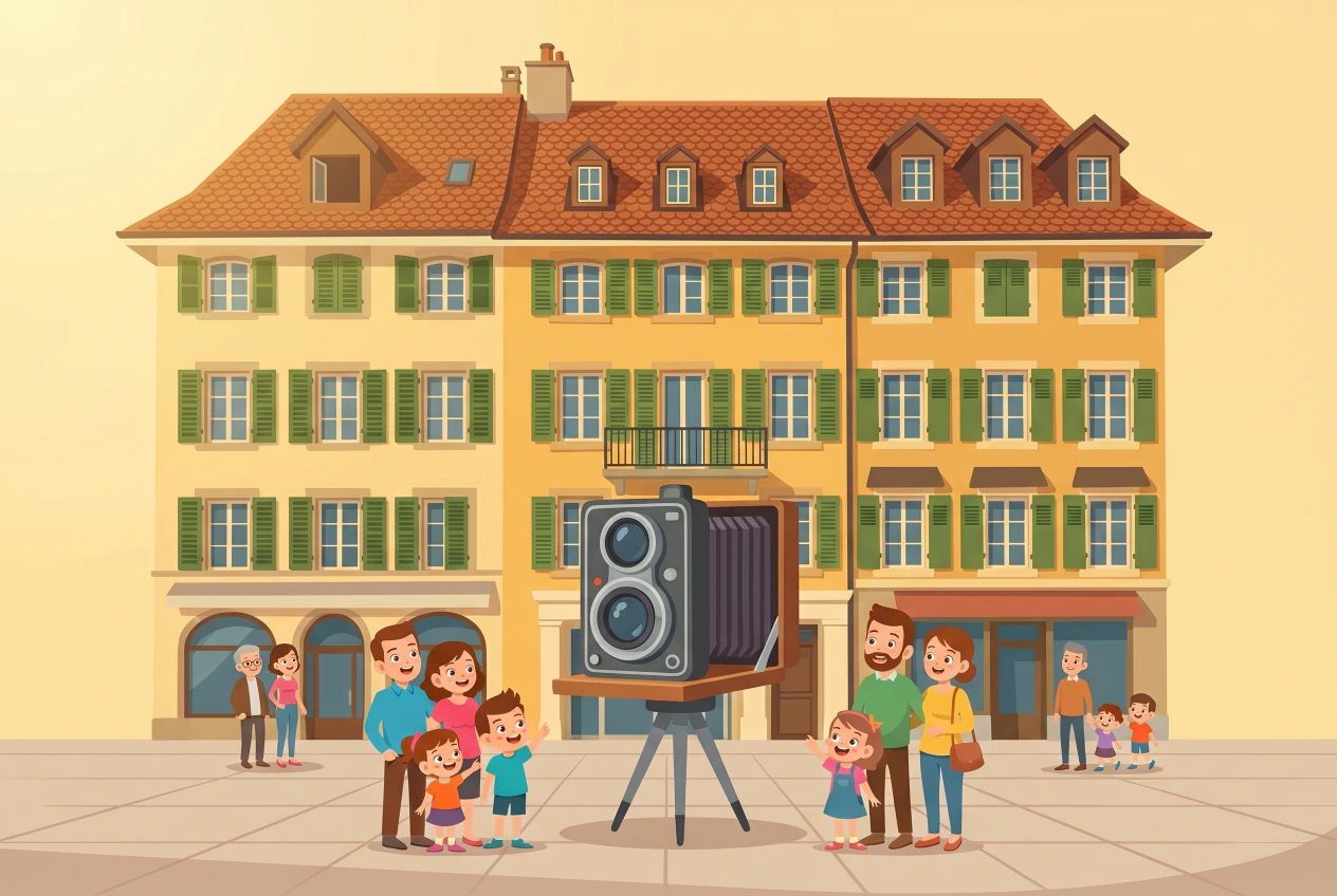 Illustration plate du Musée suisse de l'appareil photographique, façade historique ocre à volets verts sur la Grande Place de Vevey, avec un grand appareil photo vintage et des familles curieuses