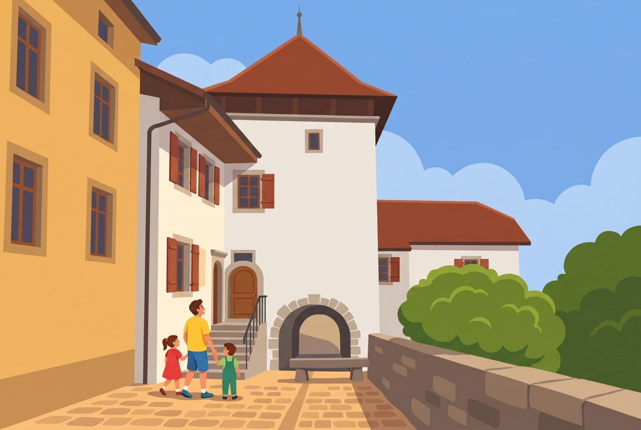 Illustration du Musée de Montreux : ancienne maison de vigneron blanche à tour carrée et toit de tuiles, avec son passage voûté dans la vieille ville, et une famille qui arrive devant l'entrée