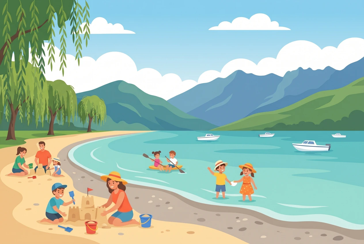 Illustration de la plage de Rive Bleue au Bouveret, plage au bord du Léman avec les Dents du Midi