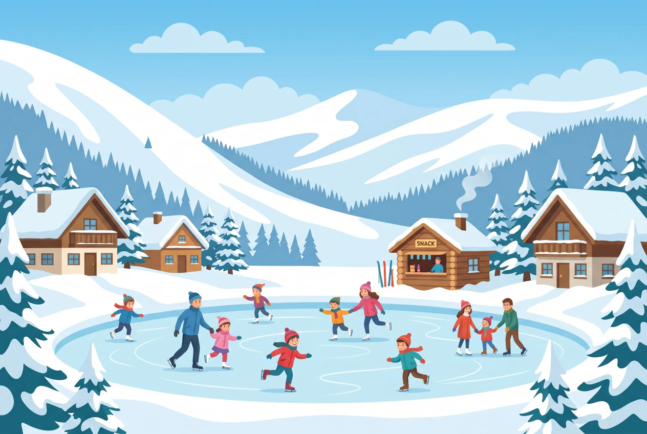 Illustration plate de la patinoire en plein air de Saint-Cergue en hiver, enfants patinant au pied des pistes enneigees du Jura
