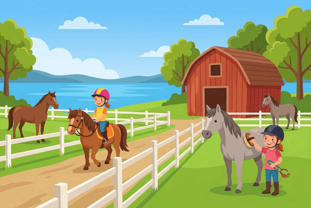 Illustration du centre équestre Equitypes à Versoix: des enfants à poney et à cheval dans un cadre nature au bord du lac, avec une grange rouge et des barrières blanches