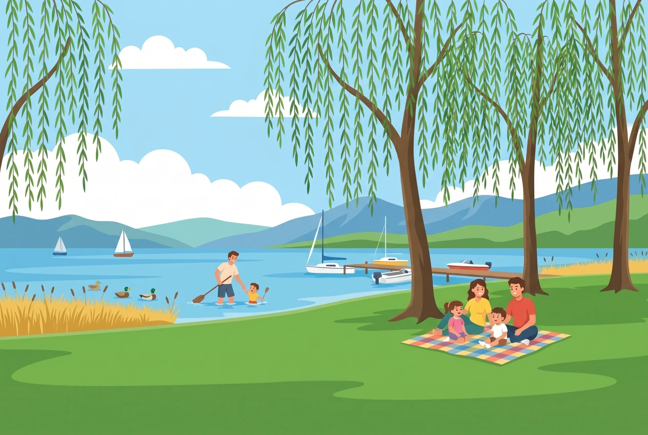 Illustration de la plage de la Pointe-à-la-Bise à Collonge-Bellerive : pelouse au bord du Léman avec saules pleureurs, ponton et bateaux, roselière et oiseaux d'eau, montagnes au fond, familles qui pique-niquent et se baignent.