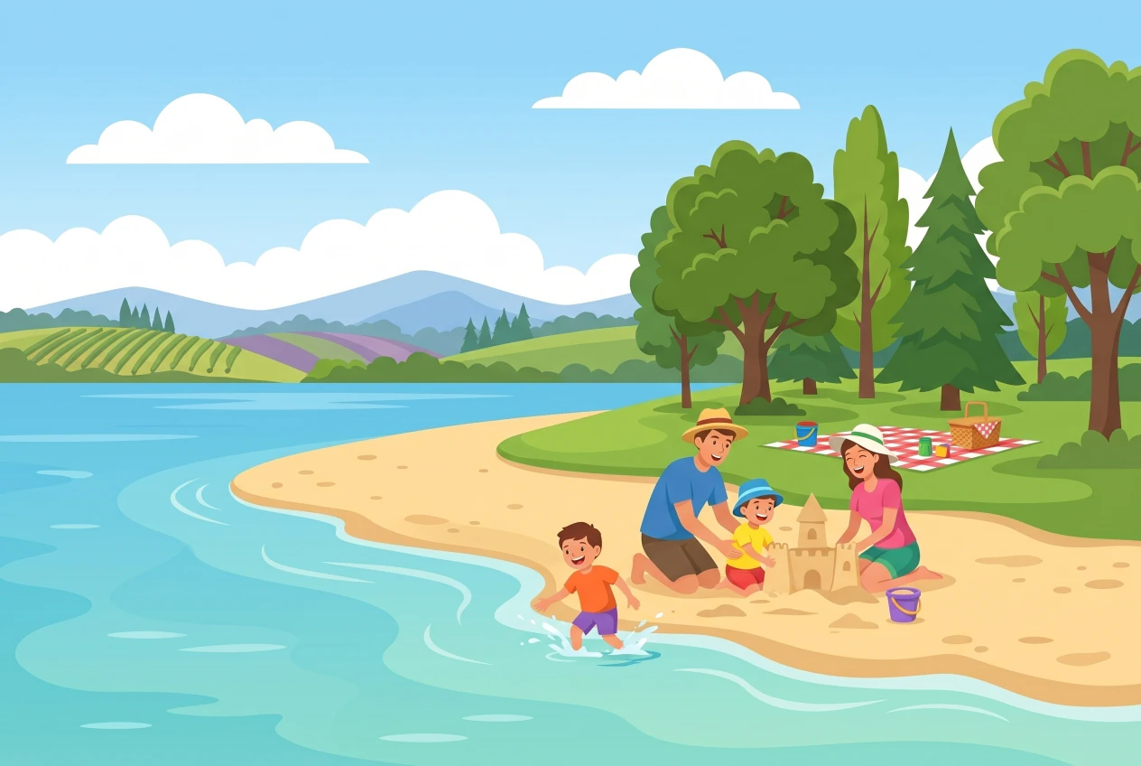 Illustration de la plage de Salavaux au bord du lac de Morat, plage de sable et collines du Vully