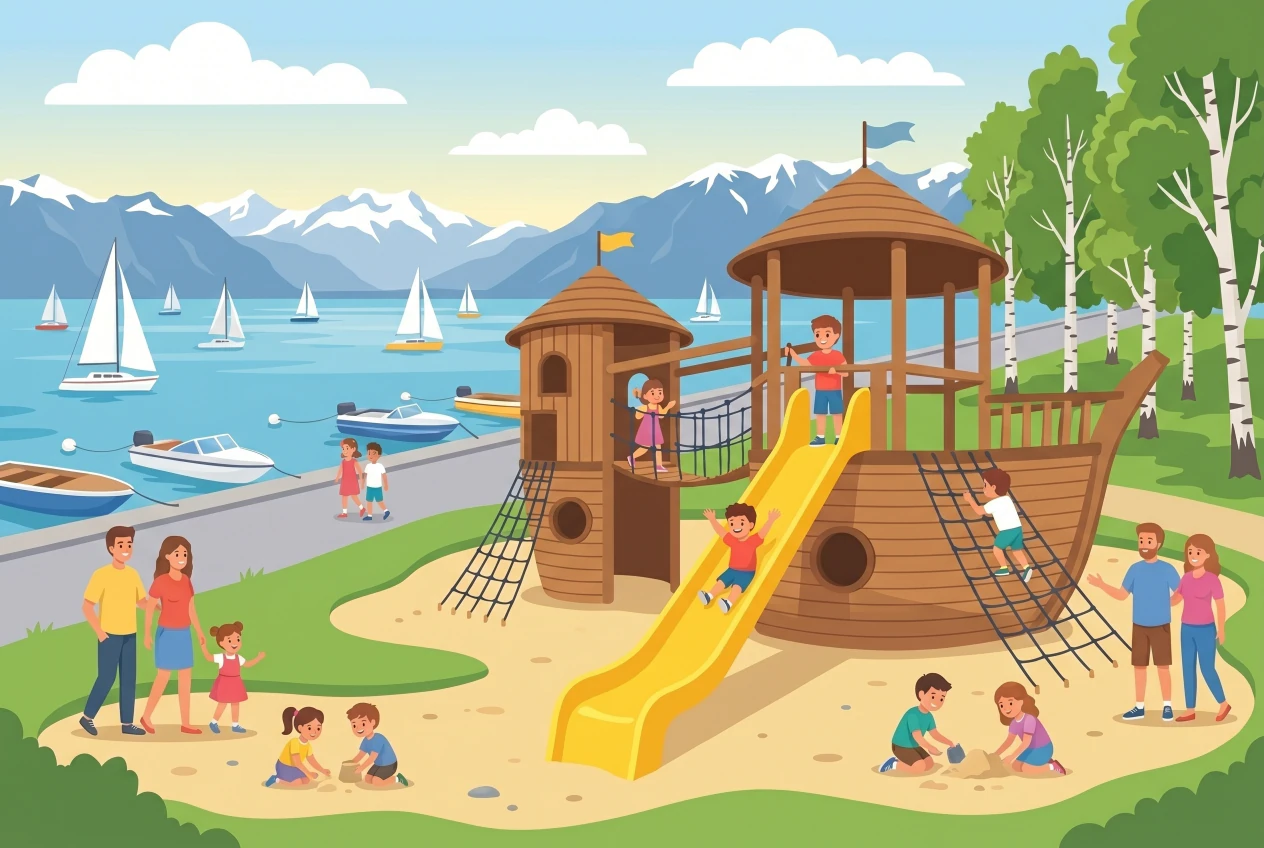 Illustration de la place de jeux du Port de Pully au bord du Léman