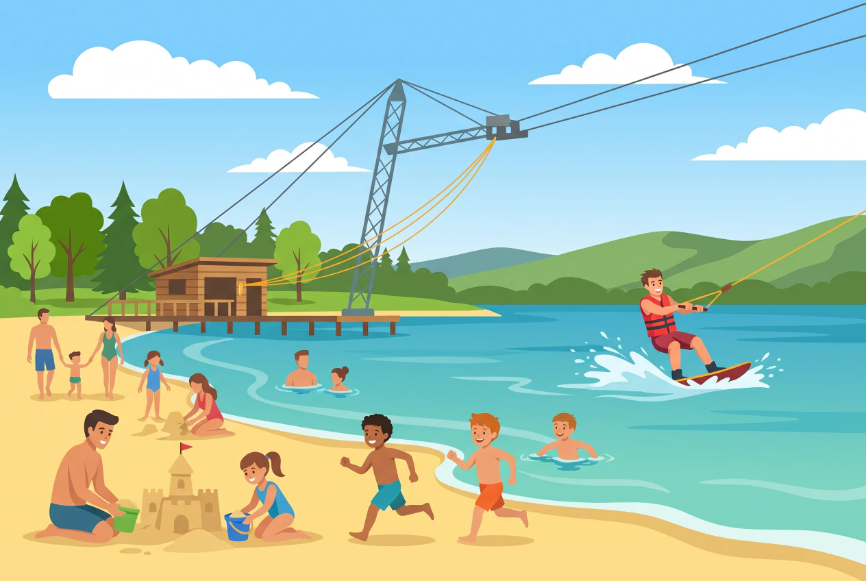 Illustration de La Nouvelle Plage d'Estavayer-le-Lac : une plage de sable au bord du lac de Neuchâtel où jouent des familles, avec le pylône du téléski nautique et un wakeboarder tracté par le câble sur l'eau.