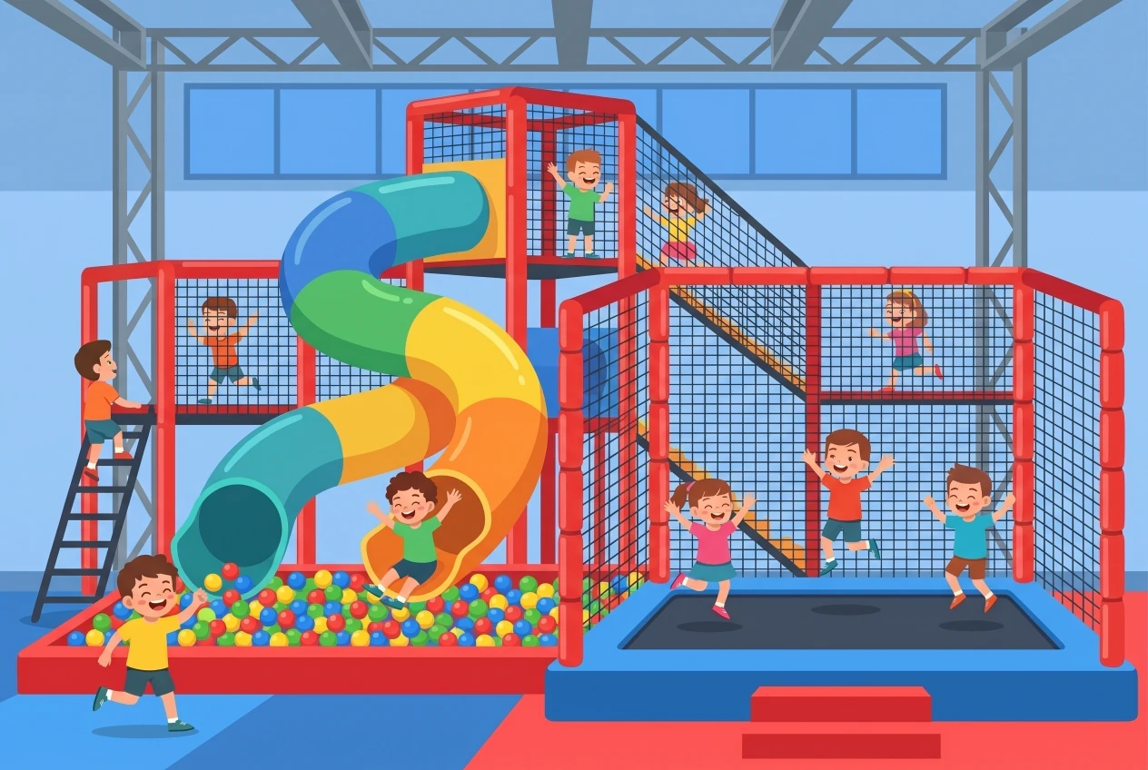 Illustration d'Urba Kids à Orbe : grand parc de jeux couvert avec structure tubulaire multicolore, toboggans tube, bain de boules et trampolines où de nombreux enfants jouent