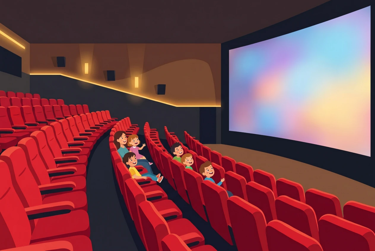 Illustration plate of the grand hall of the Pathé Balexert cinema in Geneva: rows of red seats facing a huge curved screen, with delighted children and a parent settled in the auditorium.