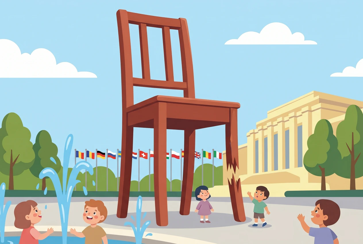 Illustration of the Broken Chair, the giant wooden chair with a broken leg in the Place des Nations in Geneva, in front of the Palais des Nations and its flags, with children playing near the water jets.