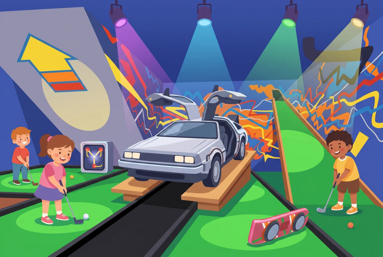 Illustration plate du mini-golf indoor Rollers à Genève : parcours sur tapis vert avec une voiture de cinéma sur une rampe, murs graffés et spots colorés, des enfants qui jouent au mini-golf