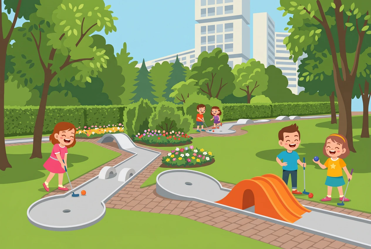 Illustration plate du Minigolf du Lignon a Vernier: enfants jouant sur un parcours de minigolf en plein air avec lanes en ciment, obstacle orange et tours du Lignon en arriere-plan