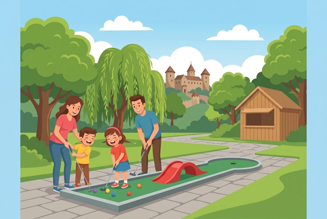 Illustration du Minigolf de la Rose à Estavayer-le-Lac : famille jouant sur un parcours de minigolf en plein air au bord du lac, avec le château médiéval d'Estavayer en arrière-plan parmi les saules