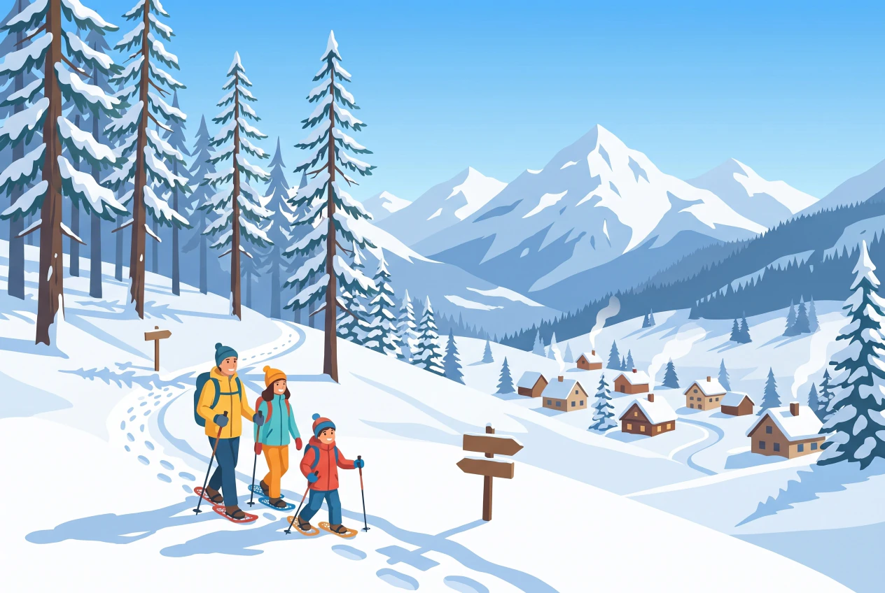 Une famille en raquettes sur le parcours balisé entre Bendolla et le village de Grimentz
