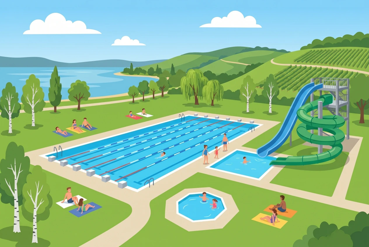 Illustration de la piscine du Landeron, bassins de plein air et toboggans