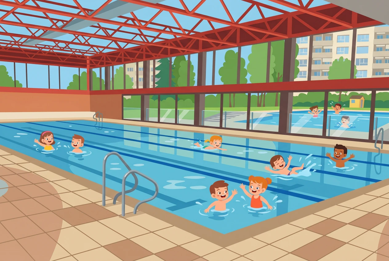 Illustration de la Piscine de Marcelly à Thônex: bassin couvert avec charpente rouge et baies vitrées sur la pelouse, bassin extérieur, enfants qui nagent