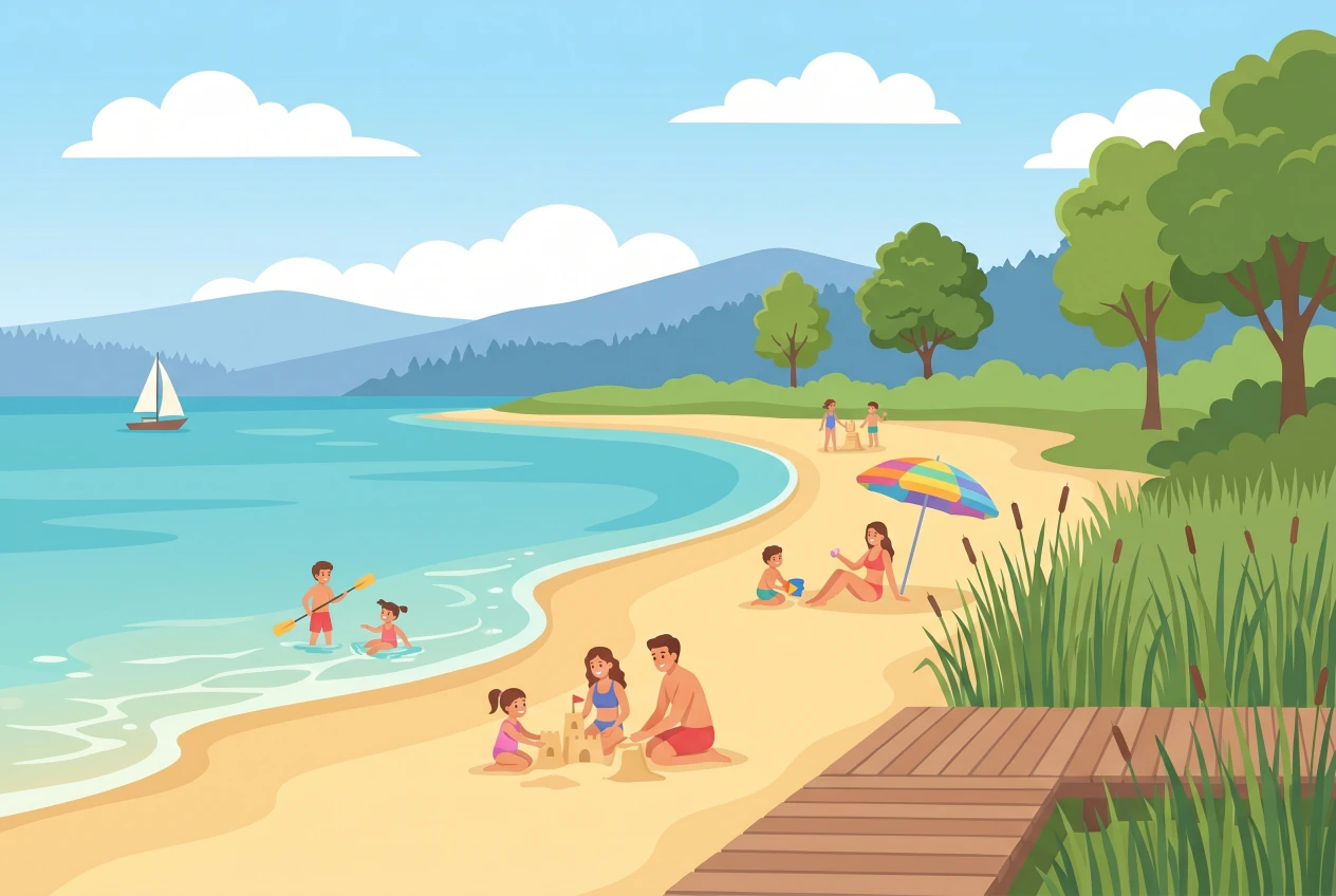Illustration de la plage de Gletterens au bord du lac de Neuchâtel, sable et roseaux