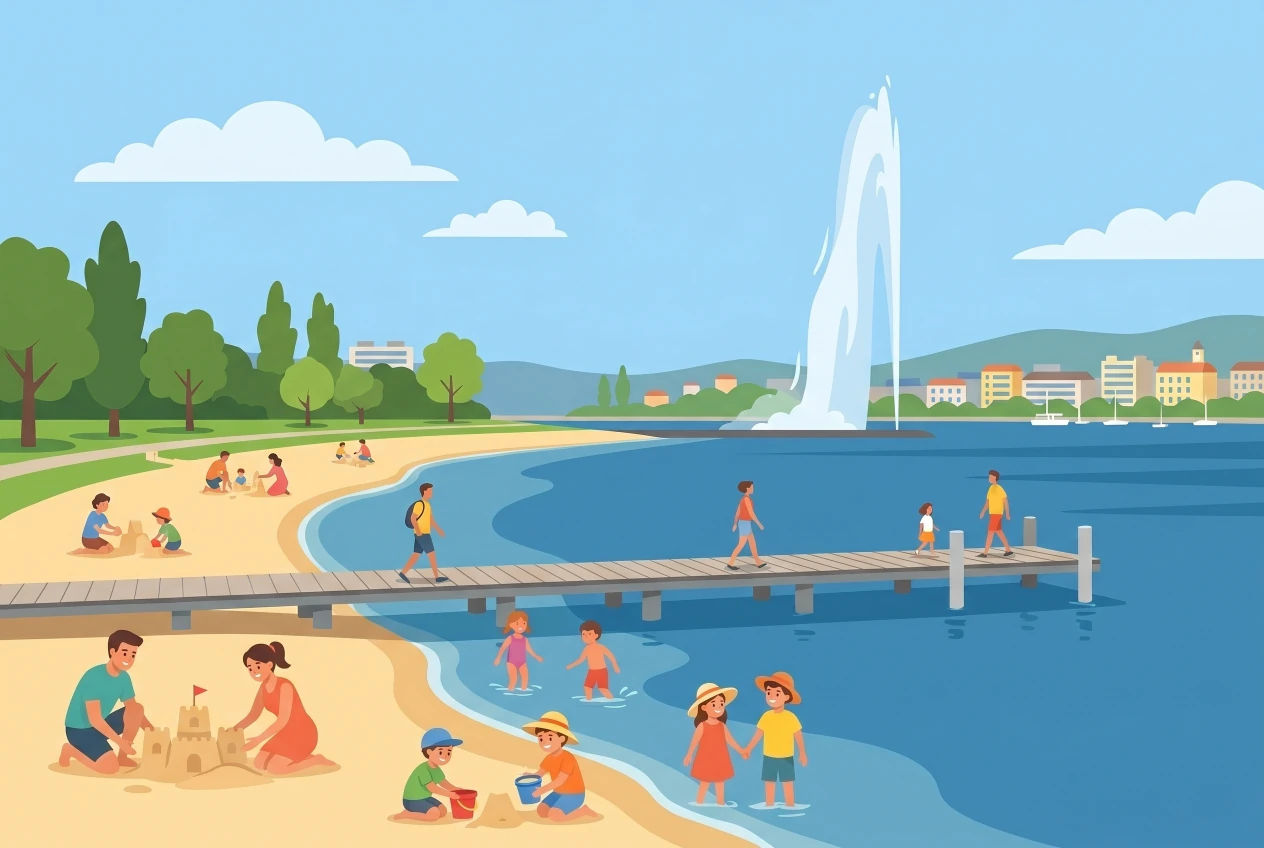 Illustration de la plage des Eaux-Vives à Genève, plage de sable au bord du Léman avec le Jet d'eau