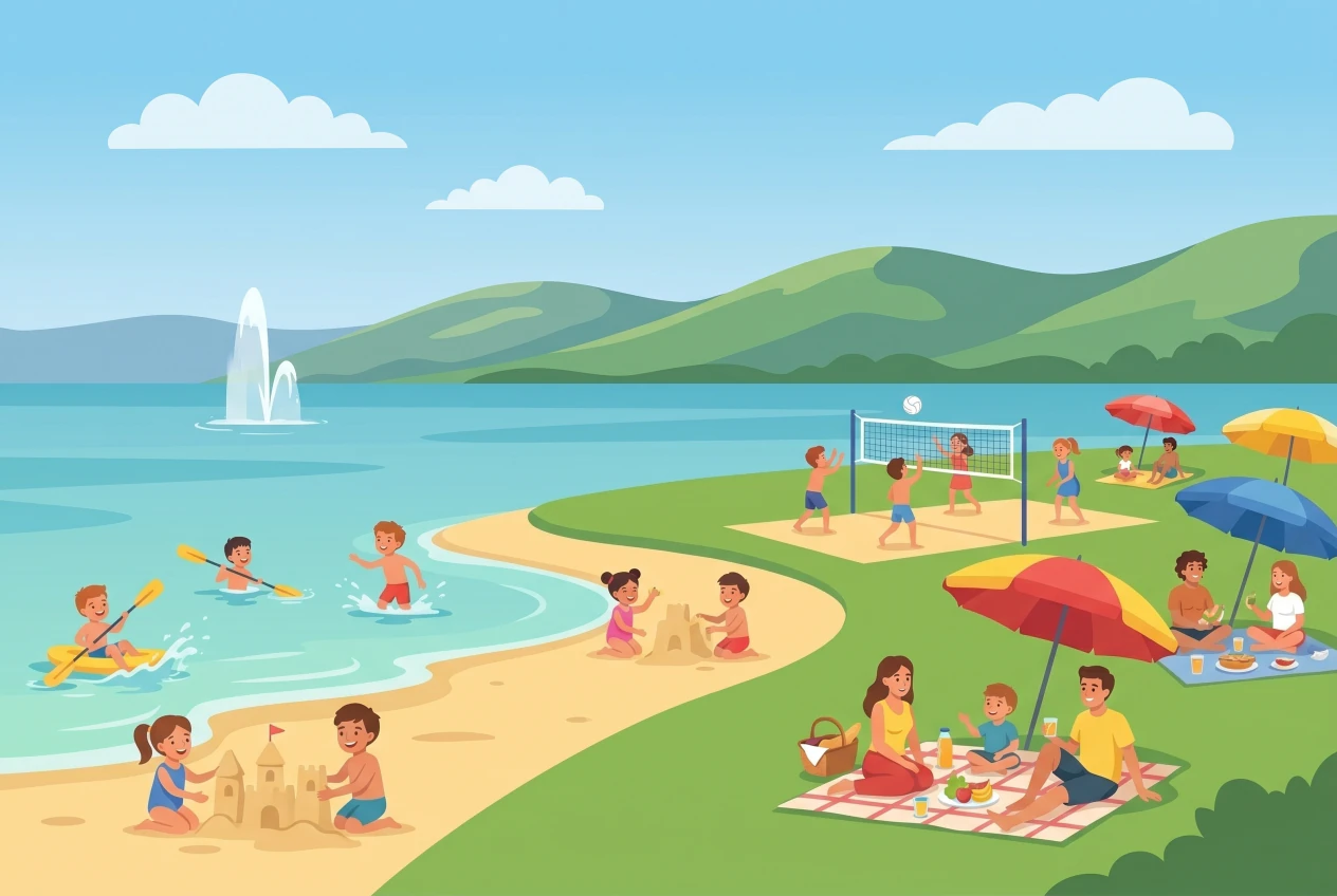Illustration plate de la plage de Cudrefin au bord du lac de Neuchatel : sable, eau peu profonde, enfants qui se baignent, beach-volley, parasols et familles sur la pelouse.