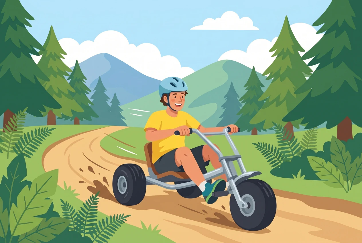 Illustration du Mountain Cart à Villars-sur-Ollon : un ado casqué dévale un chemin de montagne en terre à bord d'un cart à trois roues, forêt de sapins et Alpes vaudoises en fond