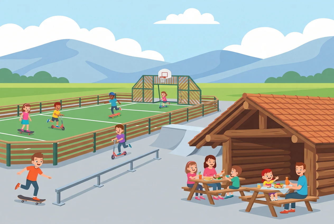 Illustration de l'espace multisport et skatepark de Chavannes-de-Bogis : terrain de sport avec panier de basket, rampes de skate, rail et abri pique-nique en rondins, avec enfants et familles.
