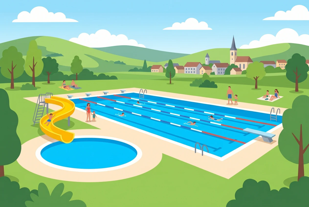 Illustration de la piscine de plein air de Porrentruy, bassins extérieurs bleus, pataugeoire et toboggan jaune