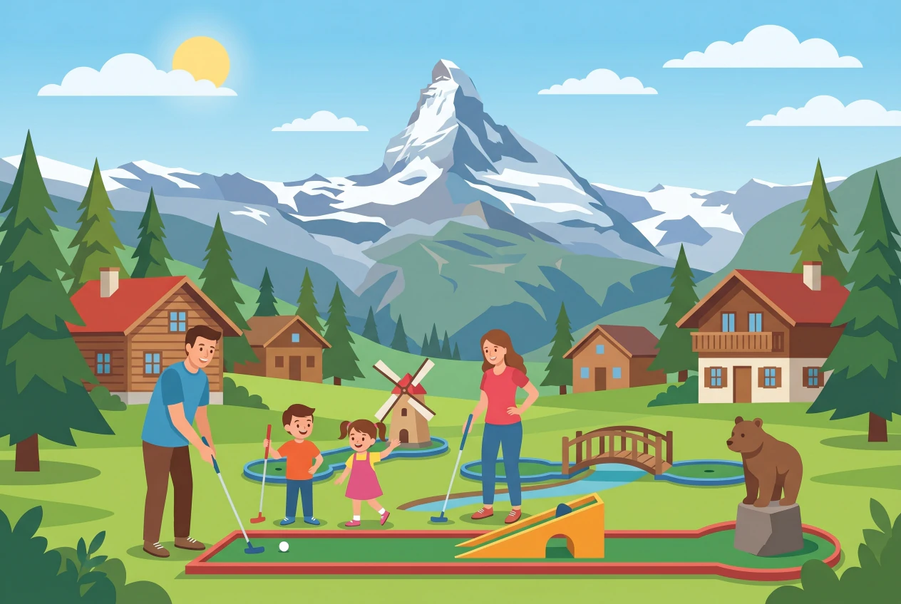 Illustration plate du minigolf de Vercorin, une famille jouant sur un parcours en plein air en montagne