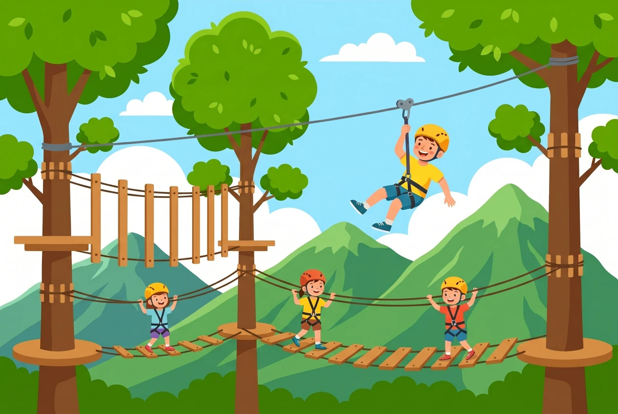 Illustration du Parc Aventure d'Aigle : parcours accrobranche dans les arbres avec ponts de singe et tyrolienne, enfants en baudrier et casque, montagnes des Alpes en arrière-plan