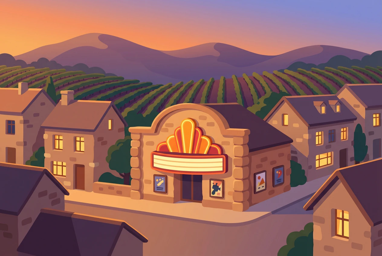 Illustration du cinema Le Bourg a Sierre, entree eclairee et affiches dans une vieille ville viticole au crepuscule