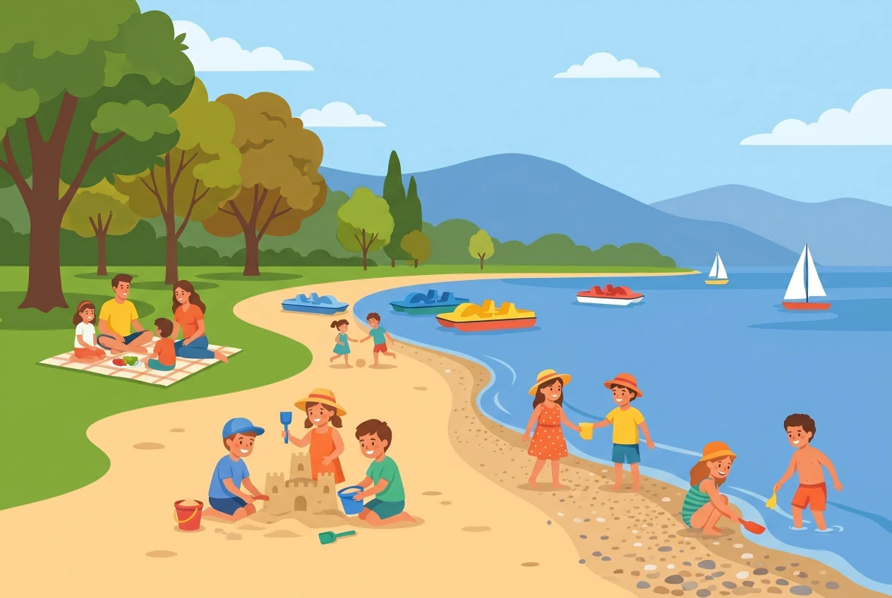 Illustration de la plage de Vidy à Lausanne, pelouse et plage au bord du Léman avec des familles